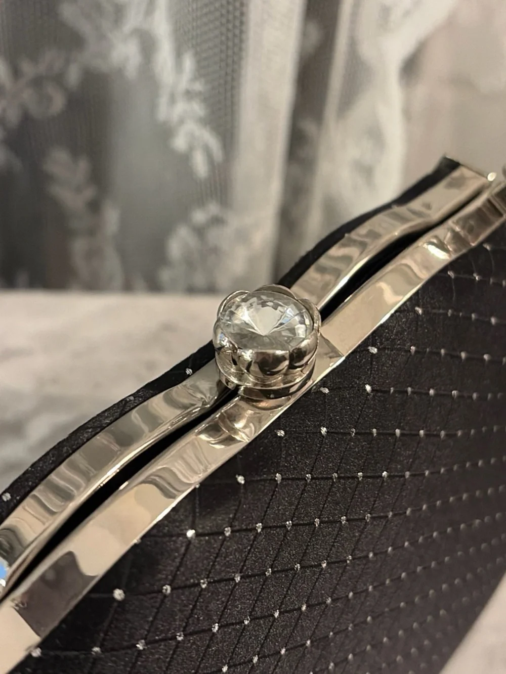 Black Satin Evening Clutch Bag with Silver Accents